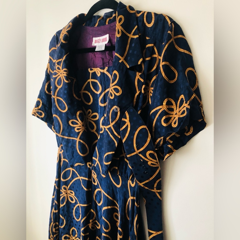 Vintage Maggy London Navy and Gold Midi Dress